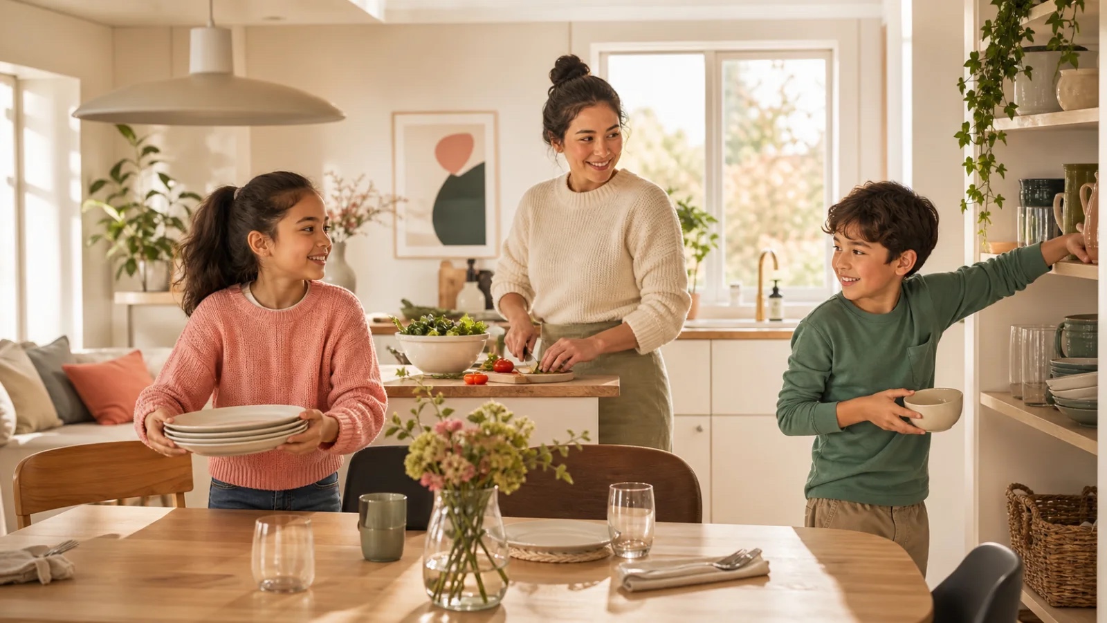 En familie hjælpes ad med madlavning og borddækning i køkkenet