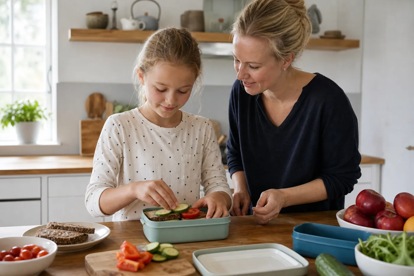 Barn smører madpakke sammen med en forælder i køkkenet
