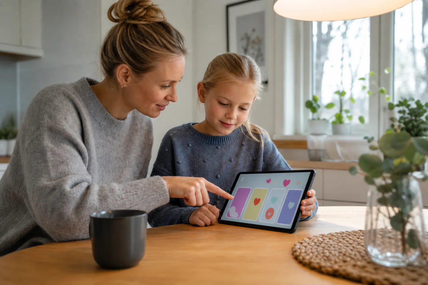 Forælder og barn gennemgår private indstillinger på en tablet