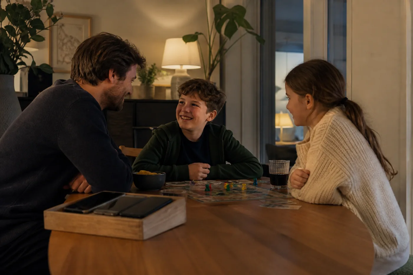 Familie lægger telefoner væk og samles om et spil