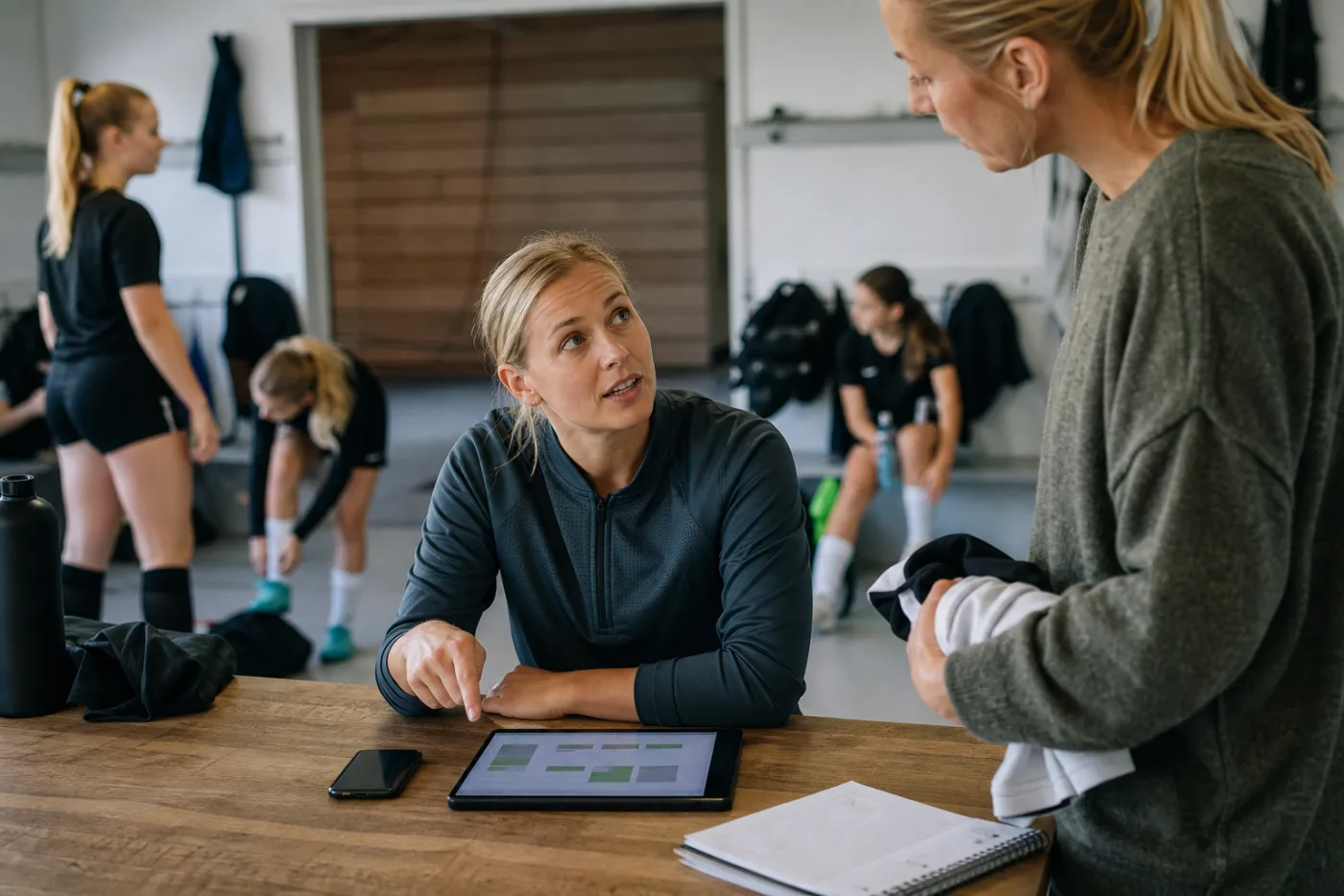 Holdkaptajn koordinerer sit hold på tablet i klubhuset