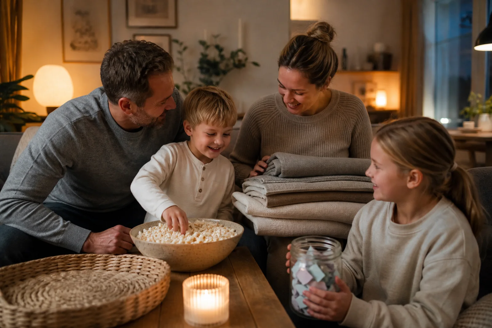 En familie hygger med tæpper popcorn og et hjemmelavet hulearrangement i stuen