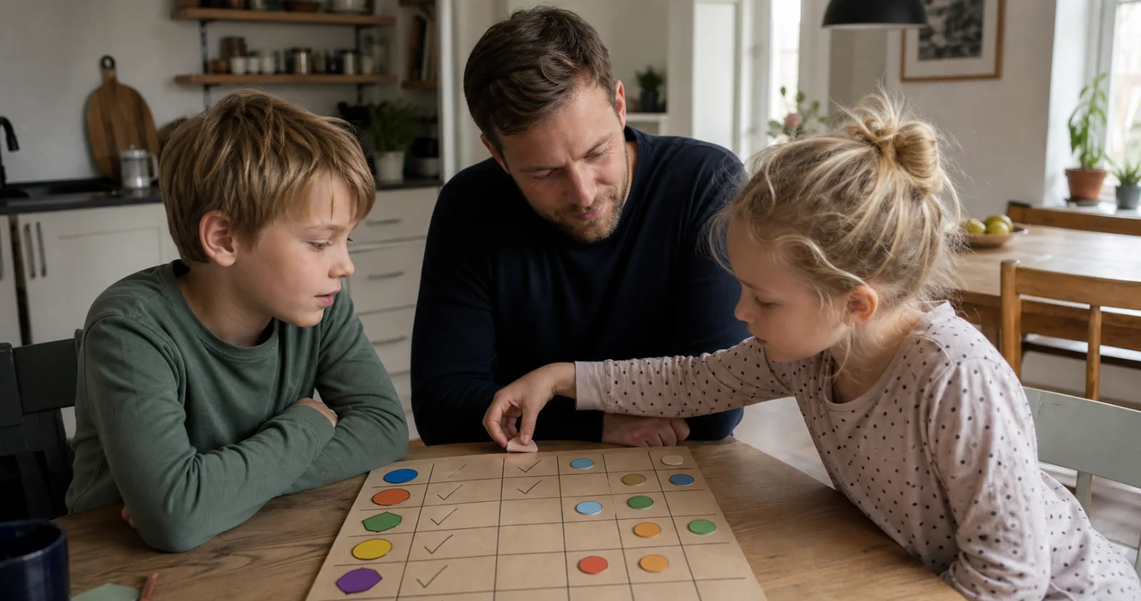 En familie vælger opgaver sammen ved en enkel belønningstavle