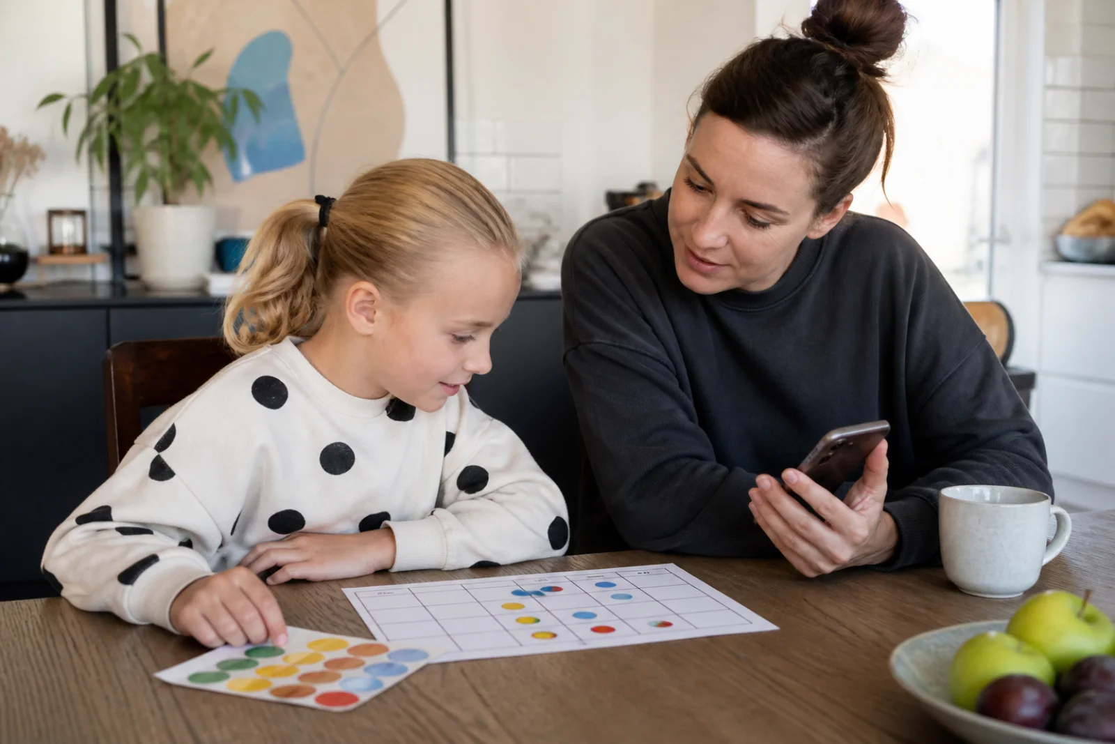 Et barn og en forælder sammenligner en papirtavle med en digital løsning