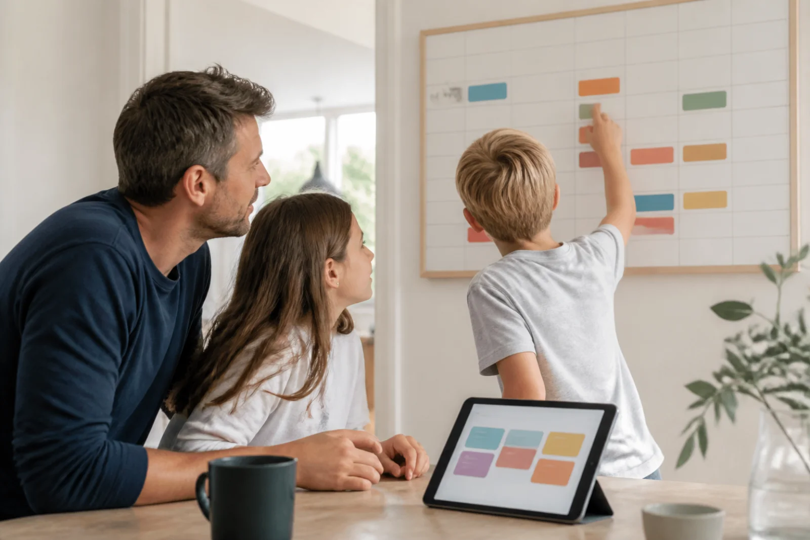 En familie ser sammen en enkel familieapp på telefon og tablet ved køkkenbordet