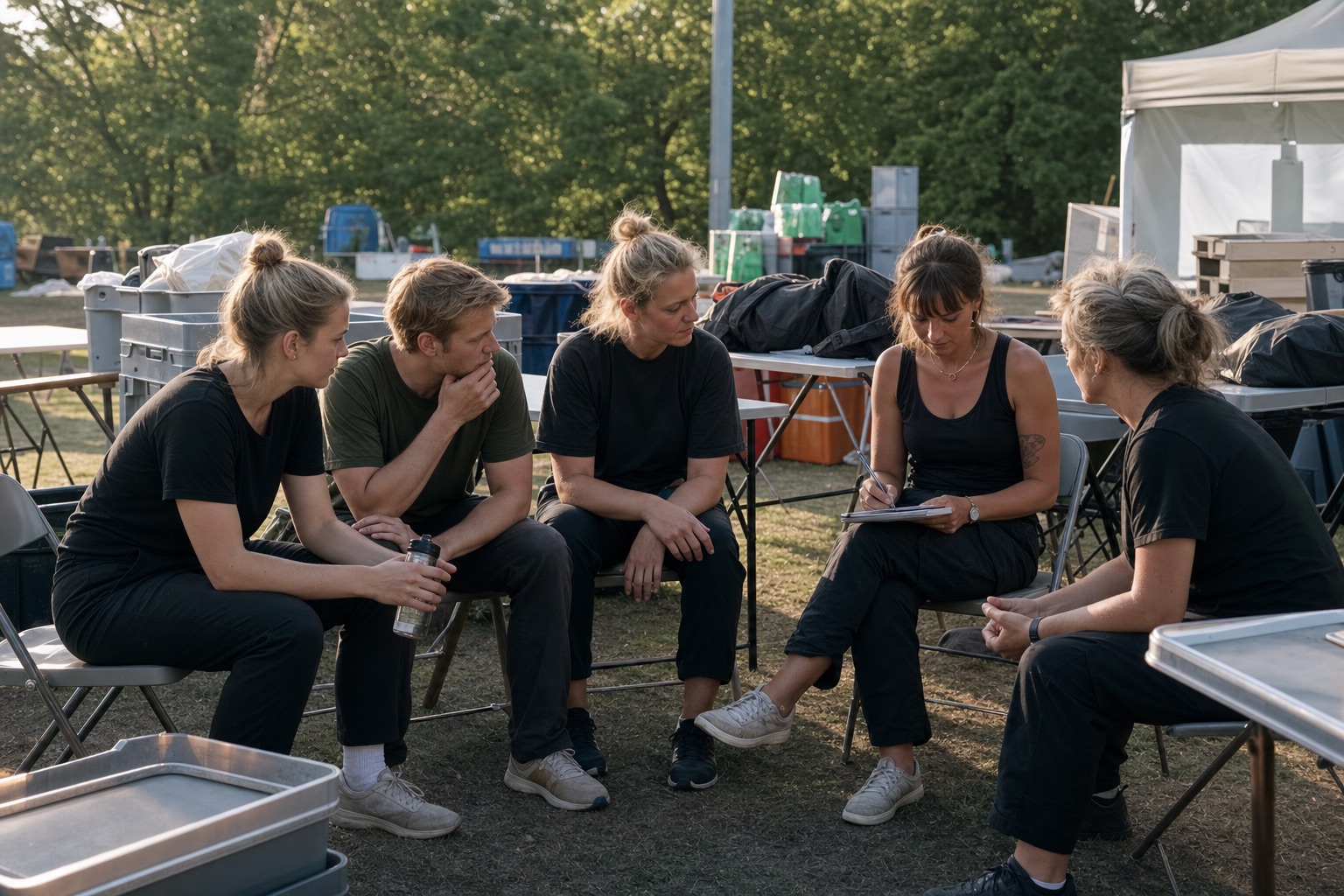 Frivillige samler kort op efter et arrangement mellem borde og udstyrskasser