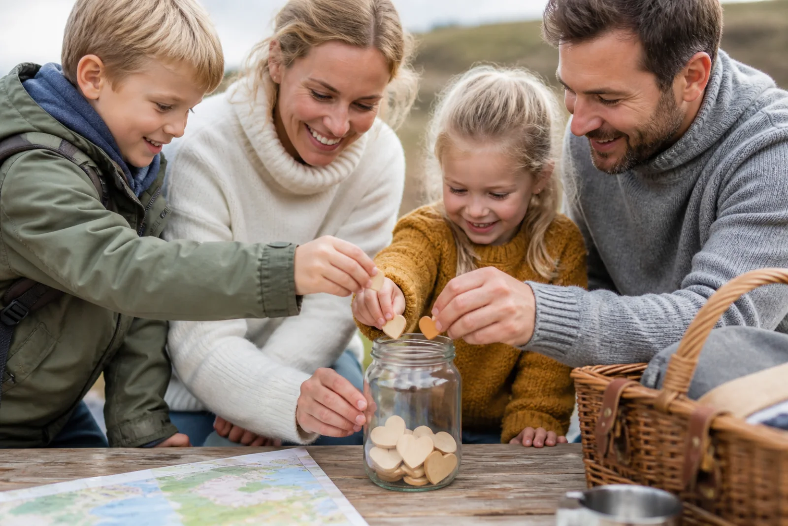 En familie markerer sammen fremskridt mod en hyggelig fælles udflugt