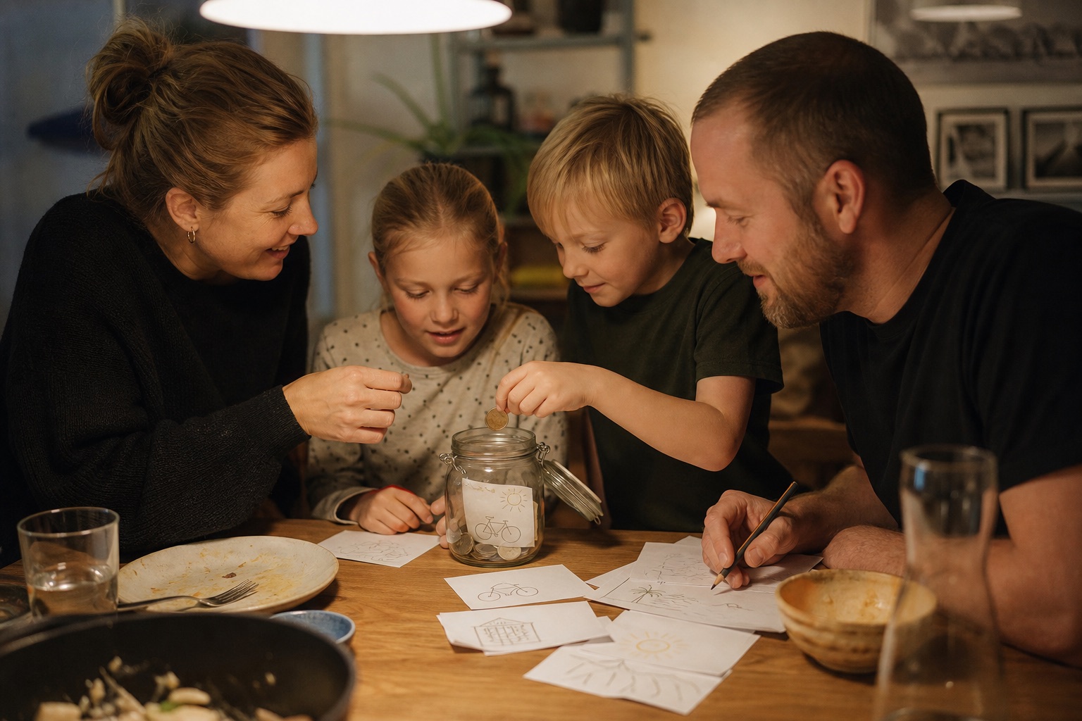 En familie lægger små bidrag og idétegninger i en krukke til en fælles oplevelse