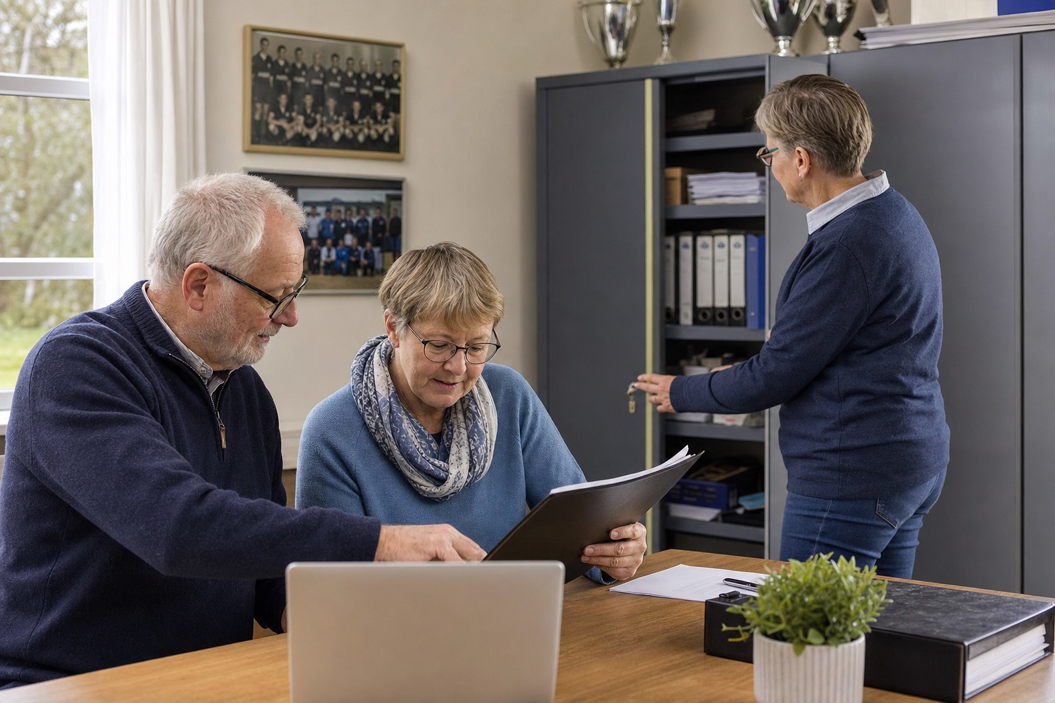 To foreningsfrivillige håndterer medlemsoplysninger forsvarligt ved computer og aflåst skab