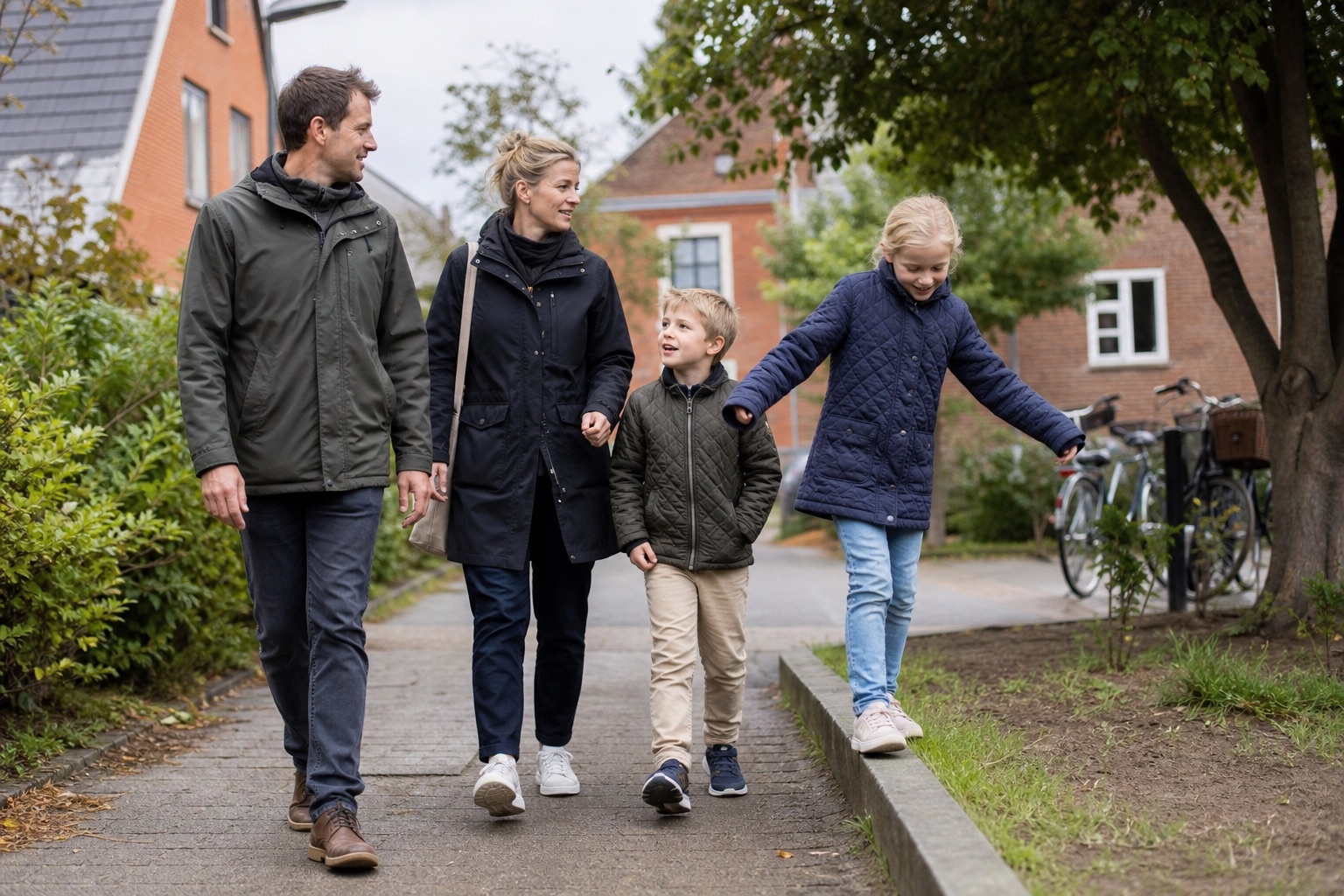 En familie går en aktiv tur sammen på en sti mellem danske boliger