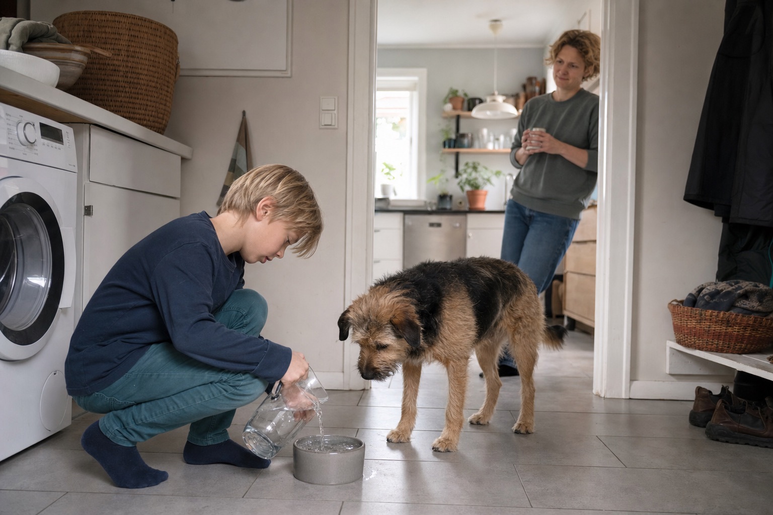 Et barn fylder frisk vand i hundens skål, mens en voksen følger roligt med