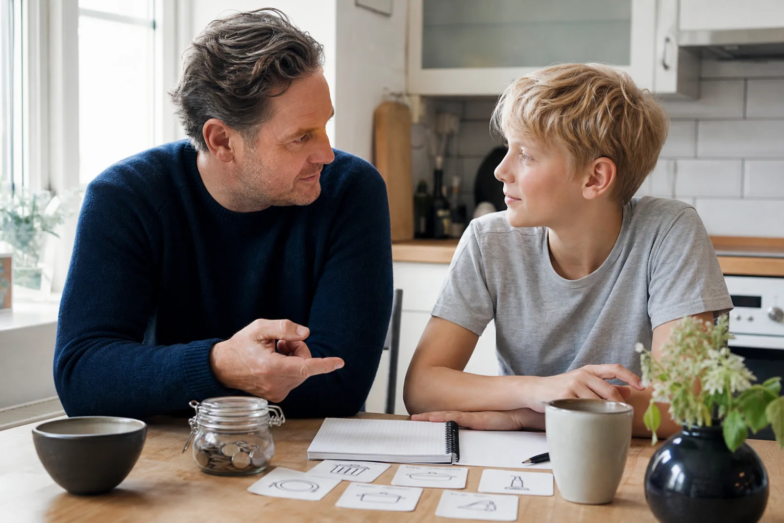 Et skolebarn fordeler mønter og farvede pointbrikker i to små beholdere
