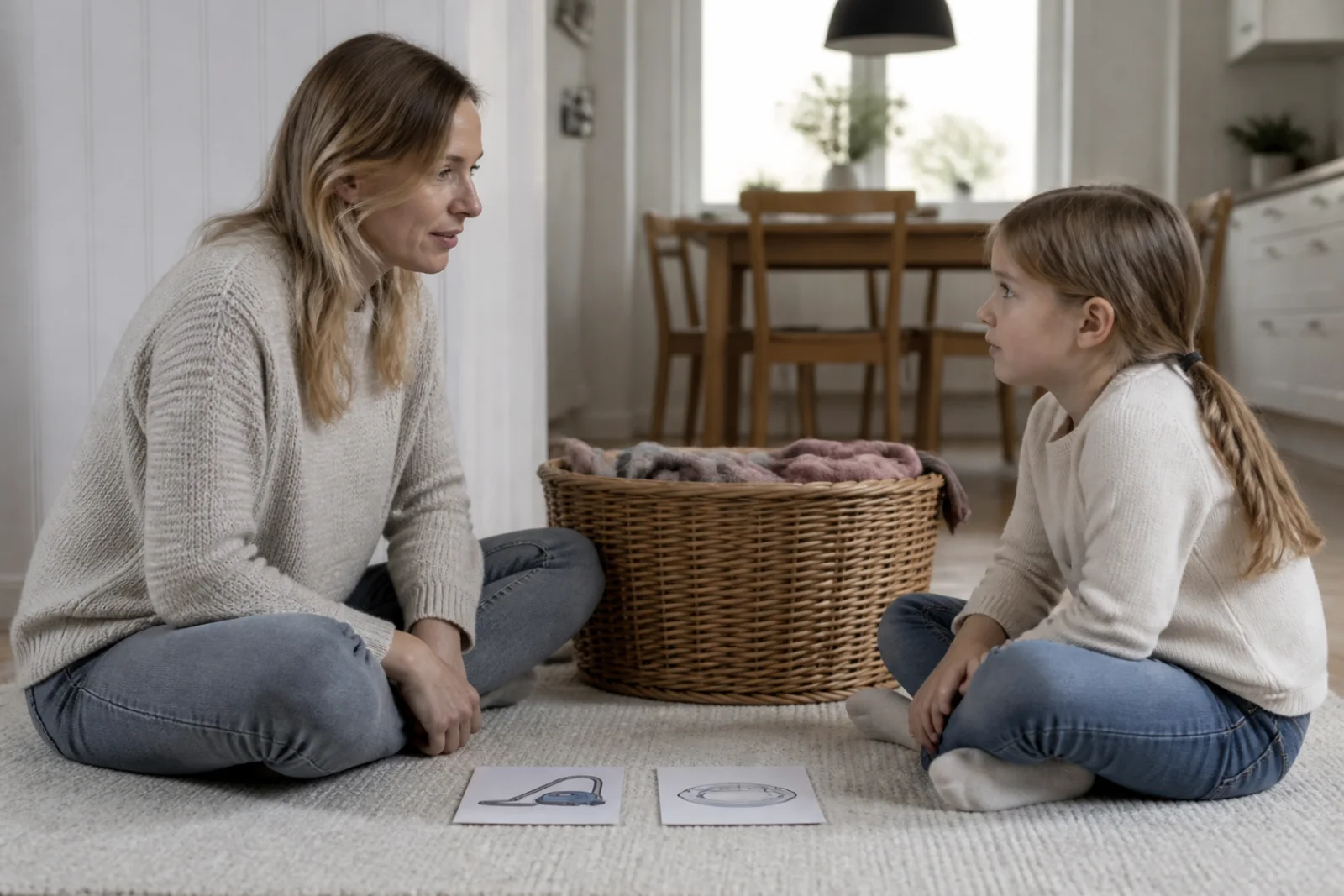 En forælder taler roligt med et barn ved en endnu ikke påbegyndt opgave
