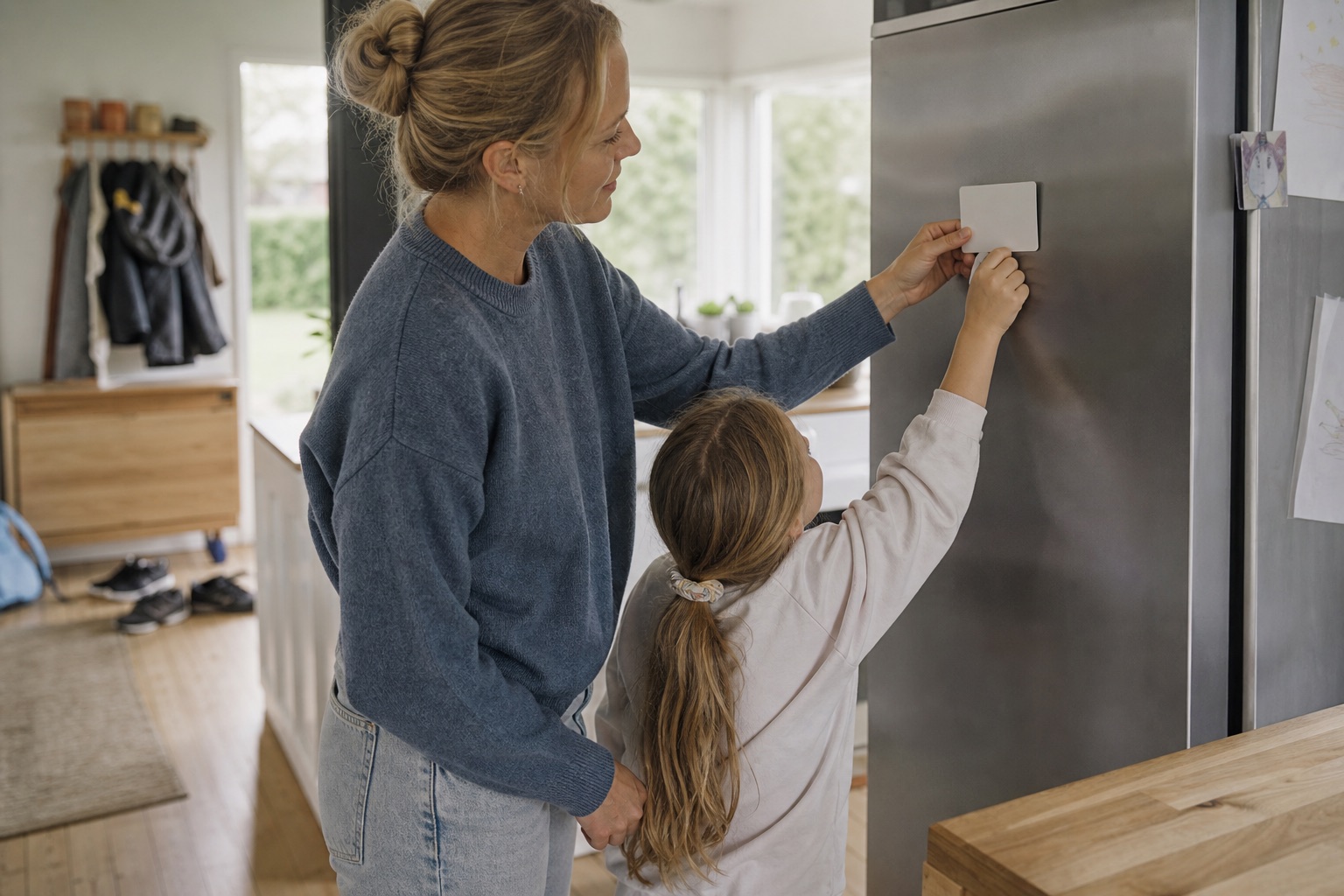 Et barn og en forælder vælger ét lille huskepunkt sammen ved køleskabet