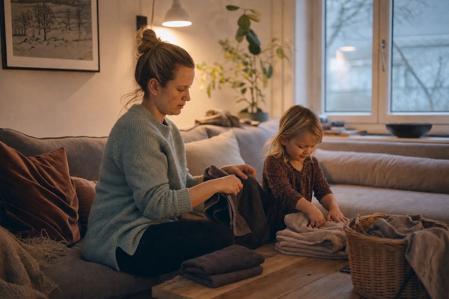 En forælder og et barn folder et lille antal håndklæder sammen på en træt hverdag