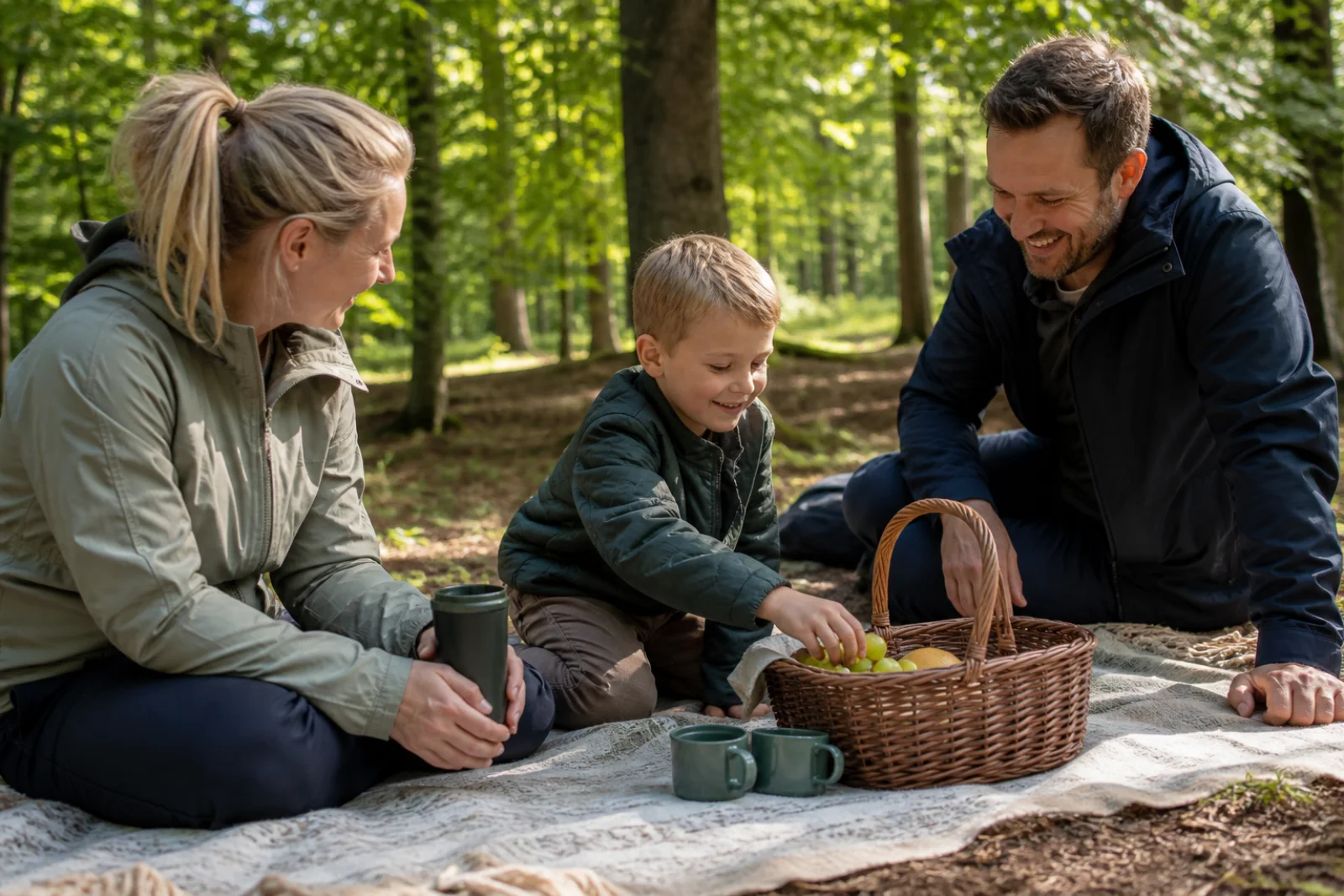 En familie er på en hyggelig naturudflugt med rygsække og varm kakao