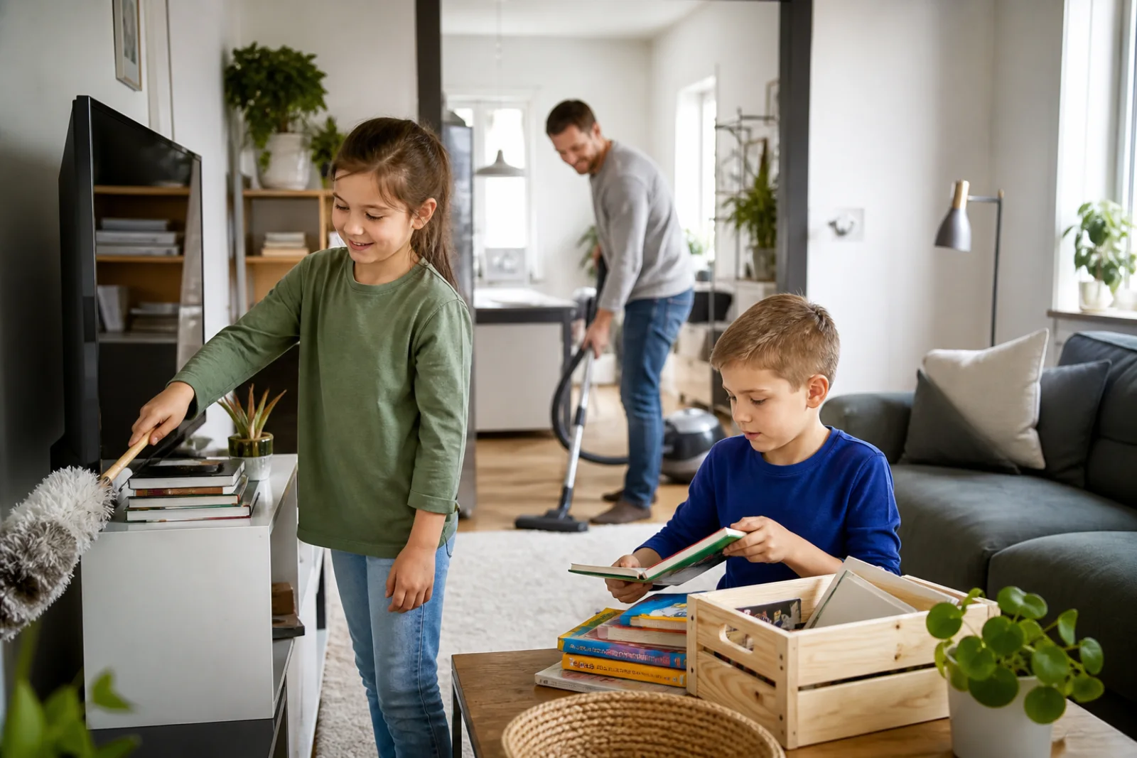 En familie gør rent sammen i en lys stue med hver sin overskuelige opgave