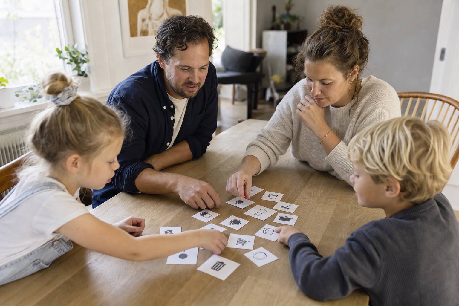 En familie fordeler enkle kort med huslige opgaver omkring spisebordet