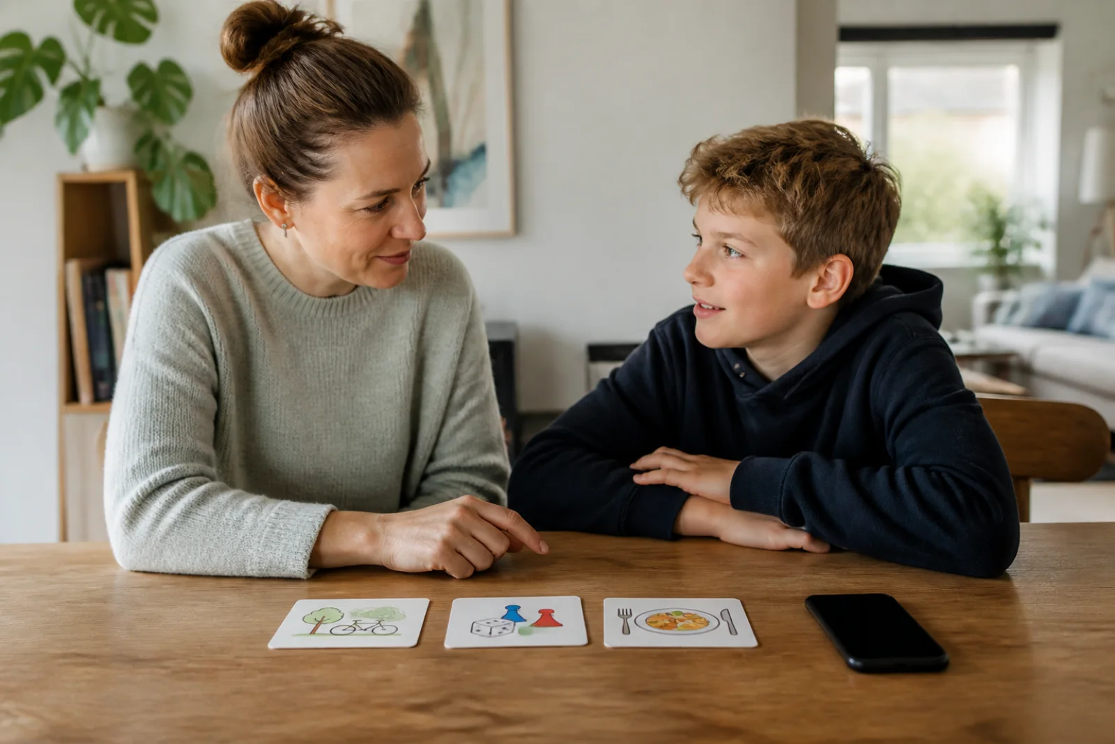 En familie lægger telefoner i en fælles kurv og vælger en aktivitet sammen