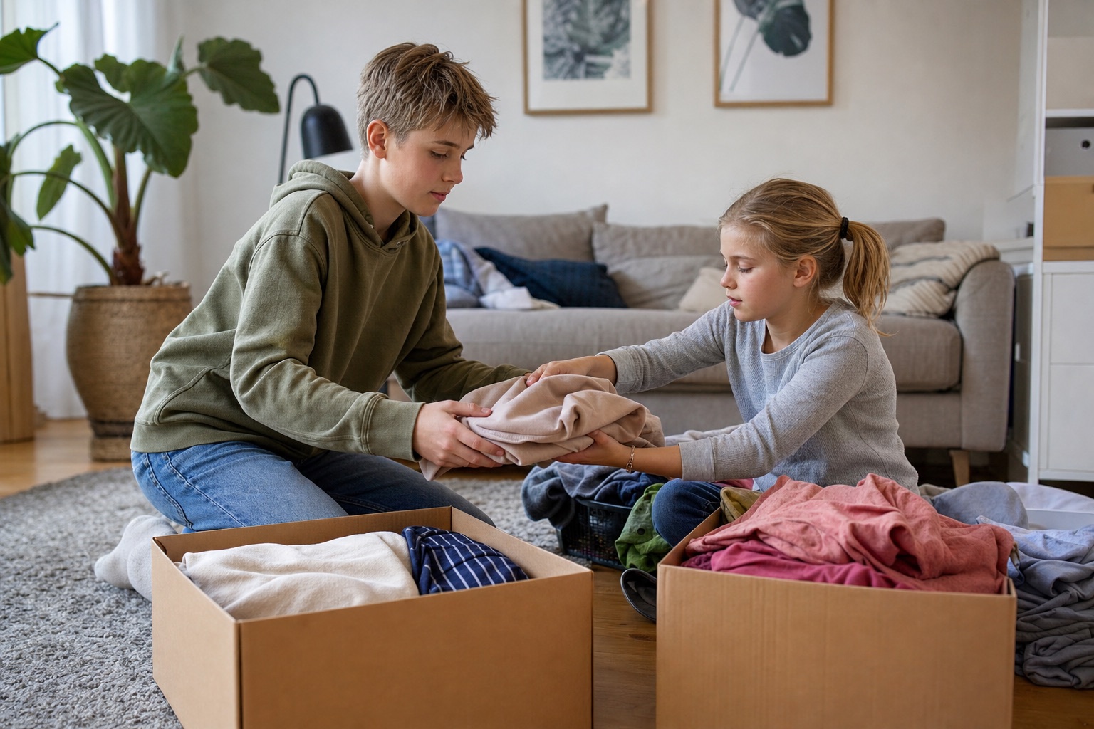To søskende samarbejder om at sortere rent tøj i kasser