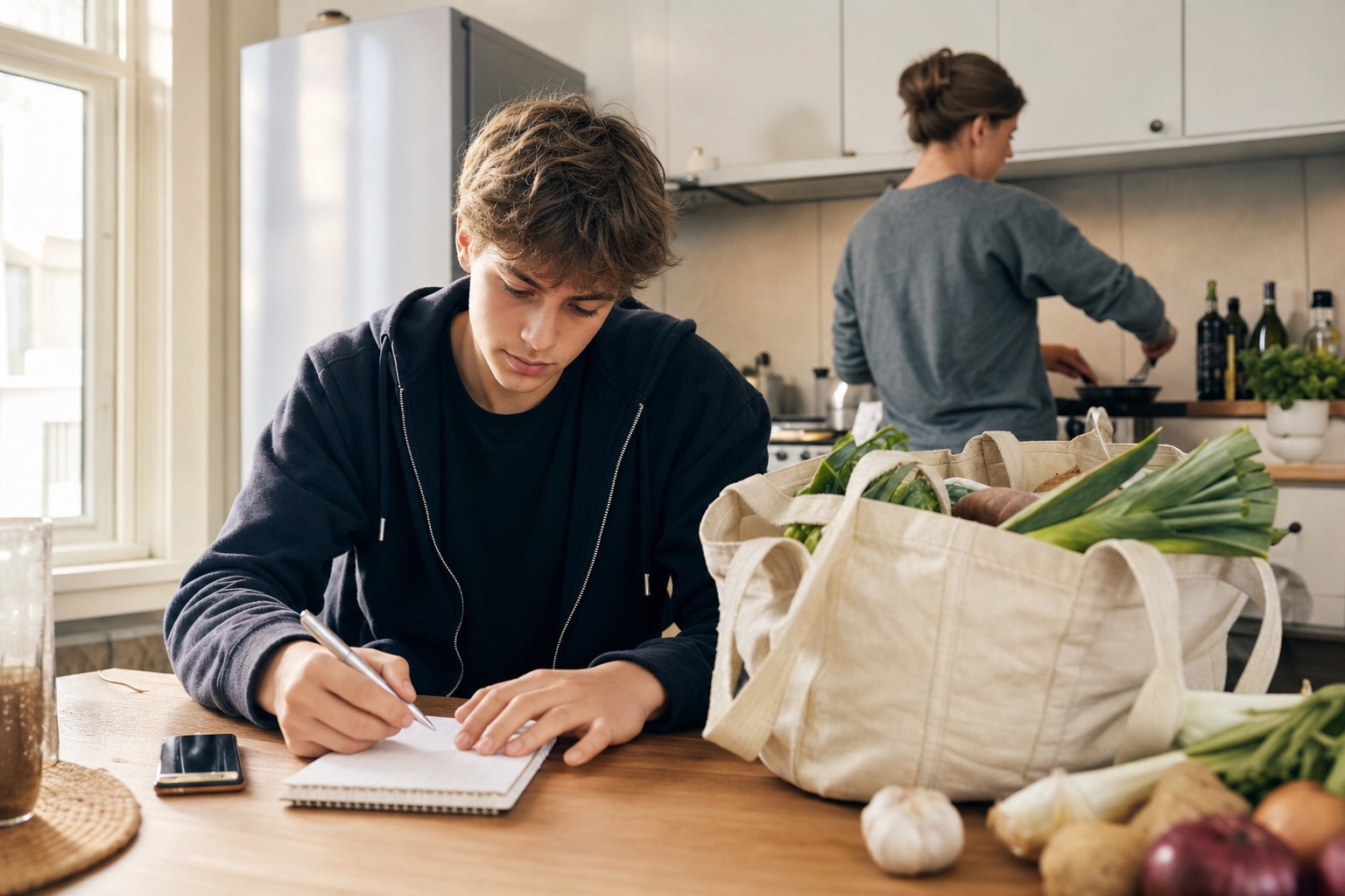 En teenager planlægger familiens indkøb ved køkkenbordet på egen hånd