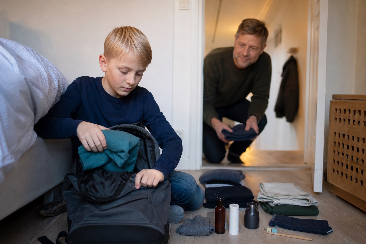 Et barn pakker sin skoletaske i et roligt værelse med støtte fra en forælder
