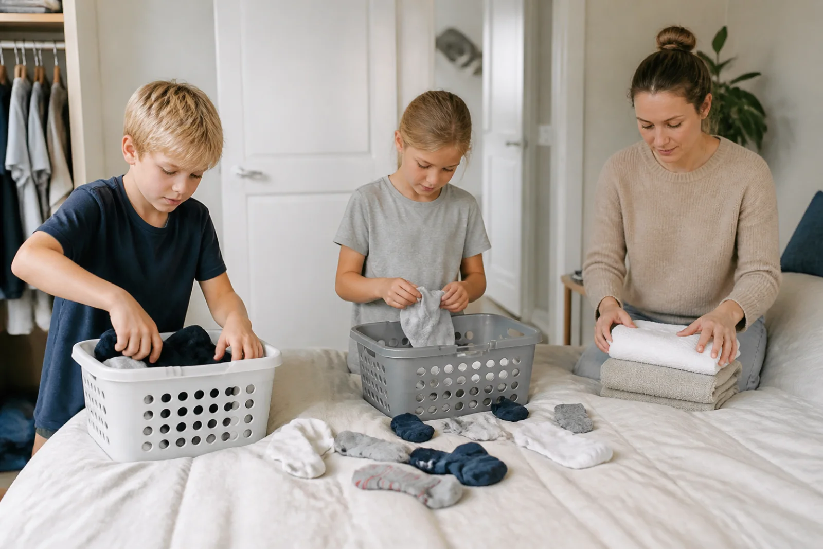 Et barn folder farverige håndklæder sammen med en forælder ved et bord