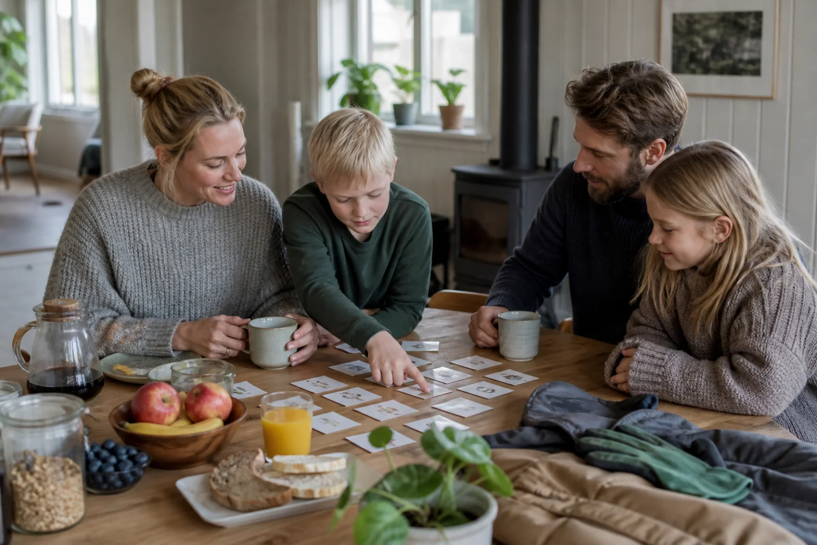En familie ordner små praktiske opgaver sammen en lys lørdag formiddag